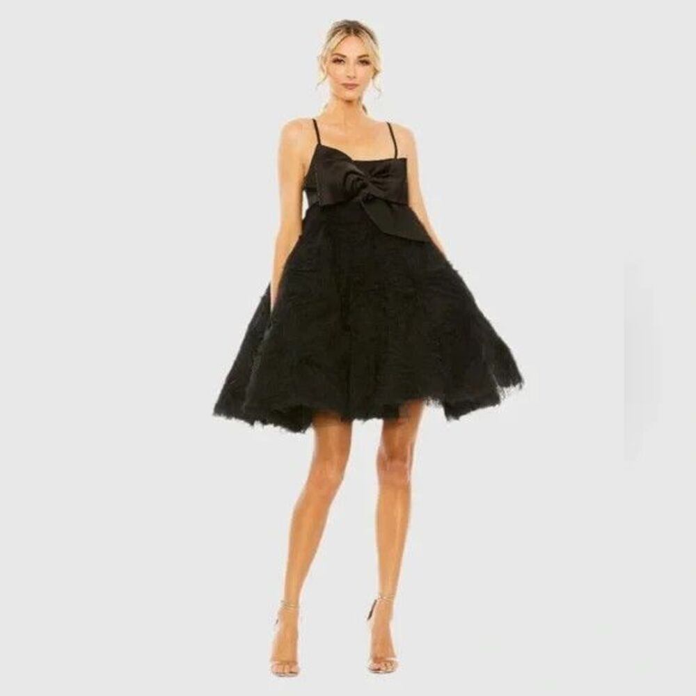 Mac Duggal‎ 20583 BOW FRONT TULLE MINI DRESS Black NEW $498